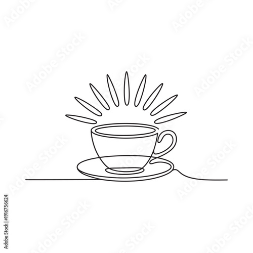 Continuous line drawing of a coffee cup and saucer with radiating lines