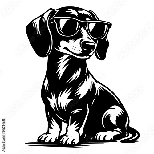 Cool Dachshund Dog Wearing Sunglasses, Trendy Funny Pet Illustration, Stylish Canine Portrait, Black And White Bold Vector Graphic For Print