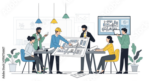 Architects collaborating on building plans in a modern office setting.