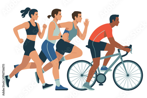 diverse group of people running and cycling in a fitness race for active lifestyle and sport competition