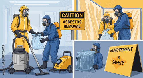 Workers in hazmat suits handling asbestos removal with safety equipment and caution signs nearby effectively