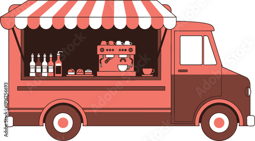 Flat vector illustration of a red mobile coffee food truck with espresso machine and striped awning