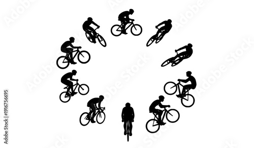 Cyclist Silhouette Collection in Circular Layout with Racing and Urban Bicycle Poses