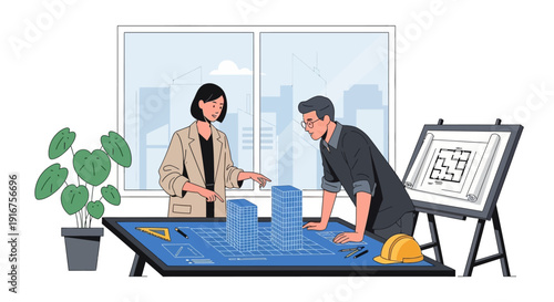 Architects collaborating on building plans with model and blueprints.