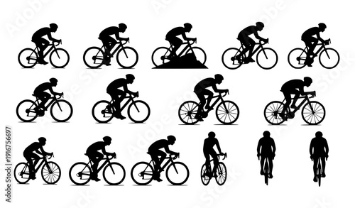 Cycling Man Silhouette Icon Set with Racing and Road Bike Poses Isolated on White Background
