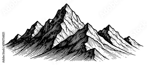 Majestic mountain peaks and rocky range hand drawn in vintage engraving style