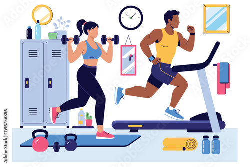 People exercising at gym with woman lifting dumbbells and man running on treadmill near lockers kettlebells water bottles and sports equipment