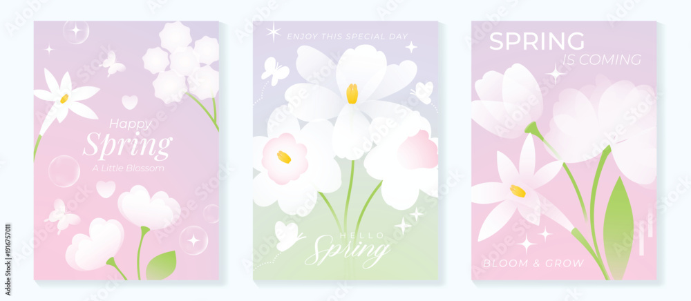 Obraz premium Spring flowers poster vector set. Botanical pastel gradient background and white floral design for spring and summer sale ads, invitation backgrounds, cards, branding, packaging and wall decoration.