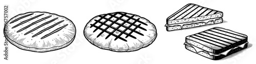 Set of grilled burger patties and panini sandwiches in hand drawn vintage sketch style