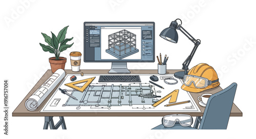 Architectural design desk with blueprints and computer model.