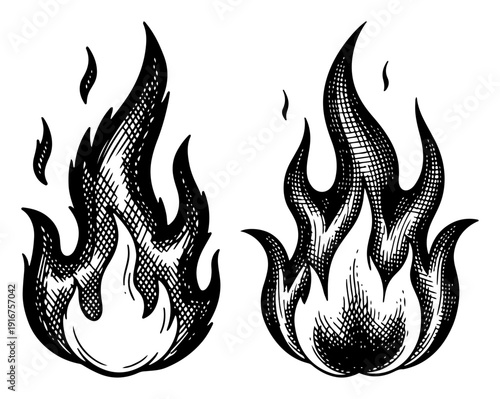 Pair of fire flames and bonfire light illustrations in vintage woodcut engraving style