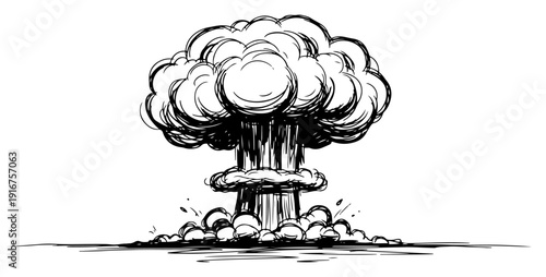 Nuclear explosion mushroom cloud hand drawn in vintage ink style