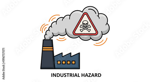Industrial hazard illustration showing a factory with a toxic warning sign