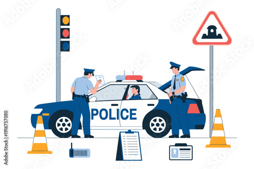 police officers stopping car for traffic violation with female driver in custody and police car on road