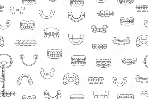 Vector illustration featuring a seamless pattern of various orthodontic tools and dental braces. The outlined designs showcase different teeth alignment appliances used in dentistry.