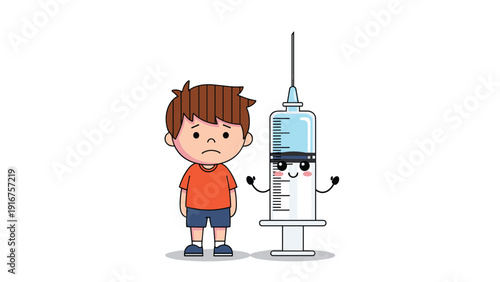 Somber young boy stands beside a large, anthropomorphic smiling syringe, depicting childhood vaccinations or medical anxiety.