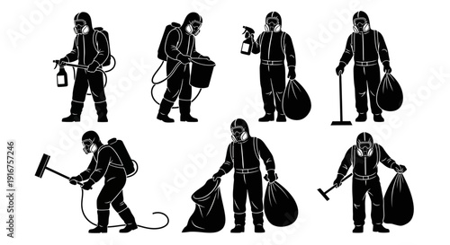Hazmat team members in protective gear performing various cleaning and removal tasks effectively