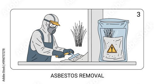 Worker in protective gear removing asbestos with a hazardous material bag nearby safely