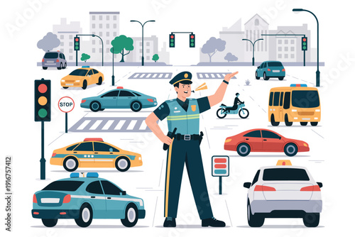 Traffic police officer directing vehicles at busy city intersection with cars bus motorcycle taxi stop signs and traffic lights in urban area