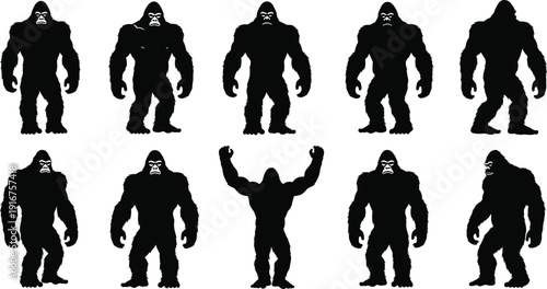Set of gorilla and sasquatch silhouettes in various powerful poses, aggressive ape and mythical cryptid character icons isolated on white background