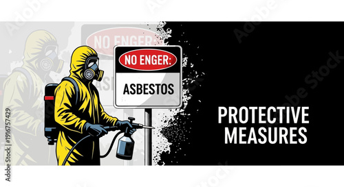 Asbestos worker in hazmat suit sprays protective measures on contaminated area with warning sign