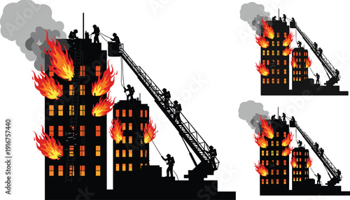 Firefighters battling a building fire with ladders and hoses in a silhouette illustration for emergency response and public safety concept