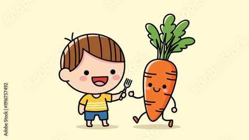 Cheerful boy holds a fork, looking excitedly at an anthropomorphic, smiling carrot walking happily beside him.