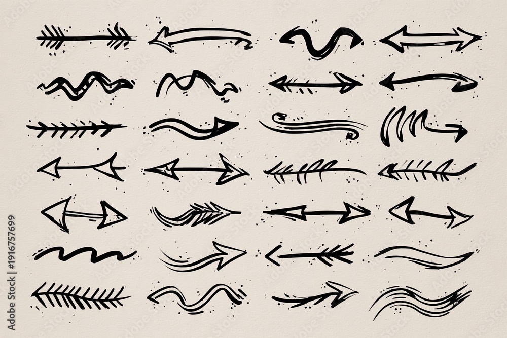 Fototapeta premium Ink-drawn arrows of varied styles and directions against a textured neutral background