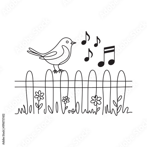 A simple line drawing of a bird singing on a picket fence