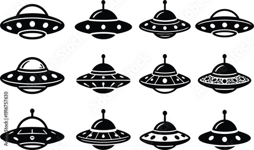 Alien spaceship UFO icon set featuring various flying saucer designs in black and white vector style.