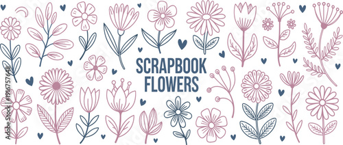 Large collection of hand drawn purple and blue scrapbook flower doodles with delicate leaves and hearts.