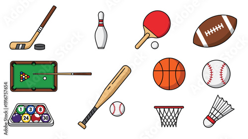 Diverse collection of sports equipment icons, including a hockey stick, bowling pin, table tennis paddle, football, and basketball.