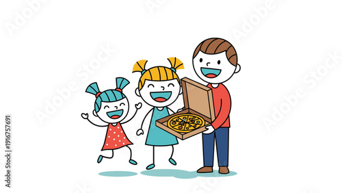 Joyful man happily presents a pizza box to two excited children, depicting a fun family mealtime moment.