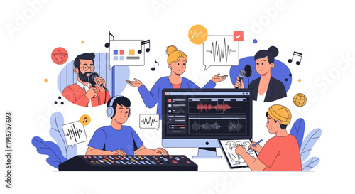 Audio production team working on music and sound design.