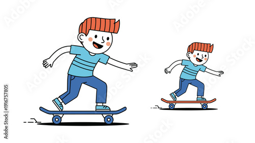 Young boy actively skateboarding, depicted in two distinct sizes: a larger, more detailed version and a smaller, simplified one.