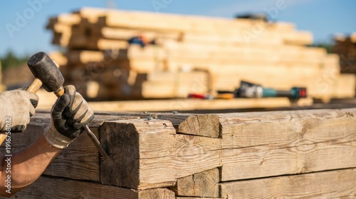 Close up of a worker's gloved hands shaping a wooden log with a hammer and chisel on a bright sunny day