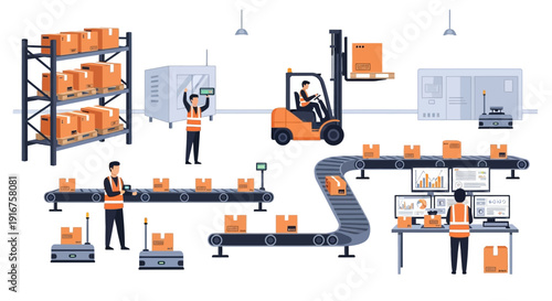 Automated warehouse logistics and inventory management system with workers.