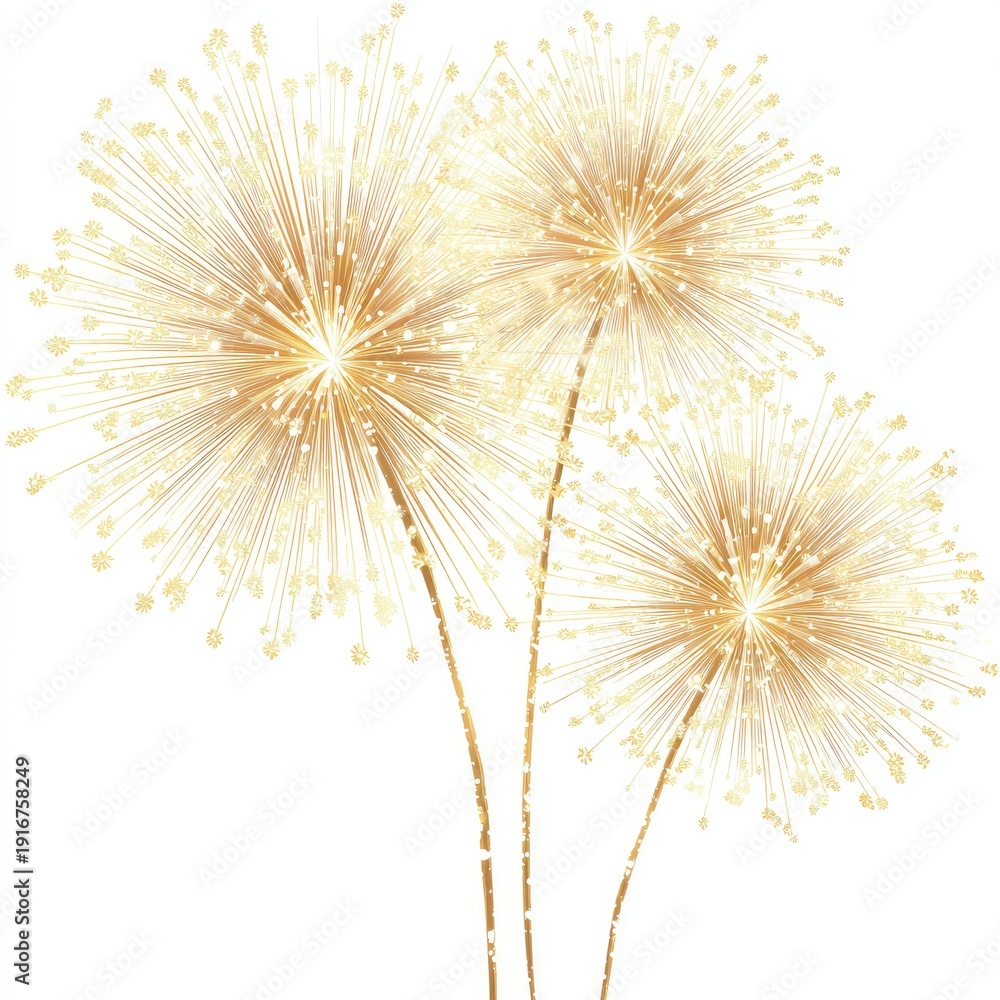 Fototapeta premium Golden, abstract fireworks bloom against a white background; celebratory illustration
