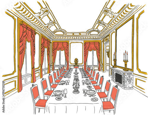 Grand banquet hall interior design with ornate ceiling red curtains fireplace and large formal table.