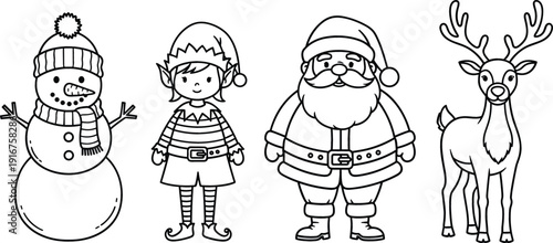 Set of Christmas character line art icons featuring snowman elf Santa Claus and reindeer for holiday coloring