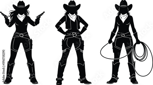 Set of cowgirl silhouettes in various poses with revolvers lasso and western gear isolated on white background for wild west design
