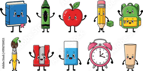 Cute school supplies cartoon characters set, kawaii education objects illustration with smiling book, pencil, backpack, apple and alarm clock