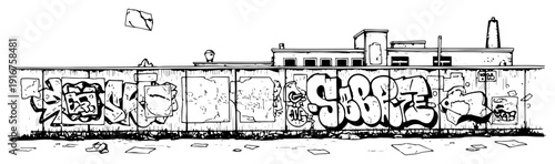 Urban concrete wall covered in graffiti art with city factory background