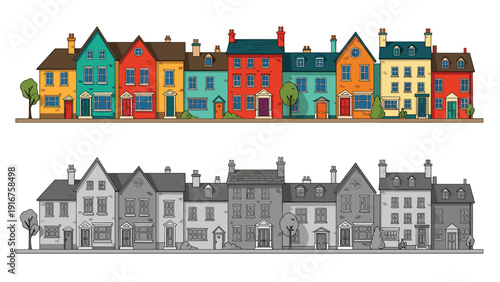 Vibrant row of colorful townhouses presented alongside their monochrome grayscale counterparts, showcasing urban architecture.