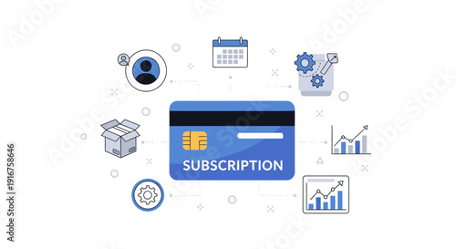 Blue Subscription Credit Card with Business Icons.