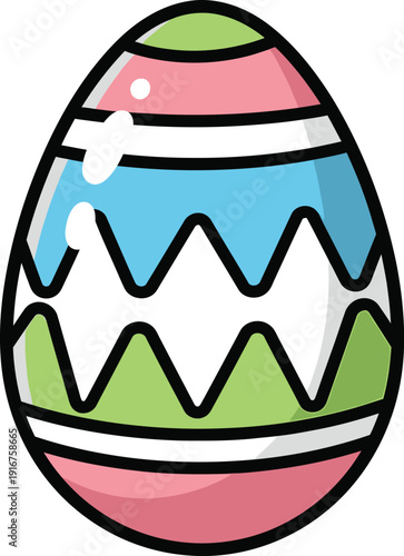 Single brightly colored Easter egg featuring pink, blue, and green geometric zig-zag patterns for holiday decoration.