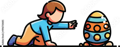 Young child reaching out to touch a brightly decorated, patterned Easter egg during a holiday hunt.