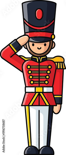 Toy soldier in a detailed red and black uniform renders a sharp salute while standing erect with a serious expression.