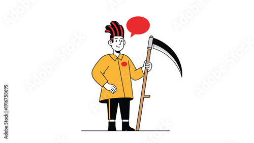 Unique man with vibrant, colorful hair holds a large scythe, with a red speech bubble overhead, suggesting a distinct message.