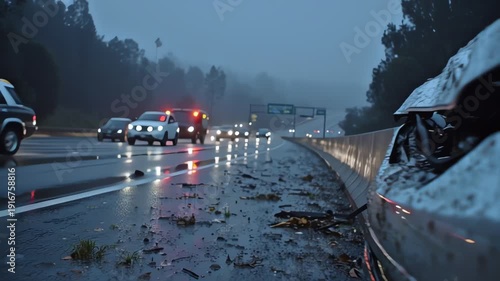 Accident Scene on Wet Highway at Dusk Ambulance and Wrecked Car